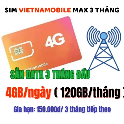 ( Trọn Gói 3 Tháng ) Sim 4G Vietnamobile Tặng 4GB/ngày ( 120GB/tháng ) - Không cần Nạp Tiền | FREESHIP - CHƯA KÍCH HOẠT.