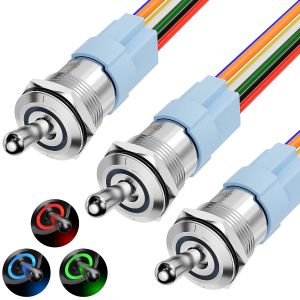 DaierTek Lighted 12V Waterproof Toggle Switch IP67 12 Volt LED RGB(RED Green Blue) 16mm Pre-Wired for Car Boat Marine -3Pack