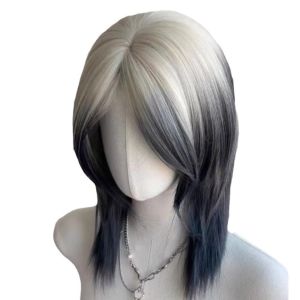 NO4 PANDA Gothic Style Black and White Gradient Wigs Lolita Cosplay Samurai Head Mullet Head Wigs Cool Full Head Cover Wolf Tail Hair for Men and Women