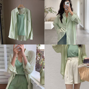 ลดราคา เสื้อสไตล์เกาหลี ได้ทั้งเซต เสื้อคลุมและเสื้อกล้าม เสื้อญี่ปุ่น เนื้อนุ่ม มินิมอล minimal เสื้อแขนยาว เสื้อเชิ้ต shirtpastel - สีเขียว