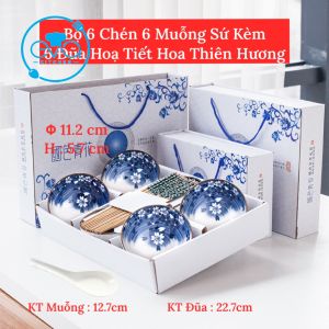 Bộ 6 Chén Sứ Tráng Men Thanh Hoa Hoạ Tiết Hoa Thiên Hương Trang Nhã Tặng Kèm 6 Đôi Đũa Tre Cao Cấp