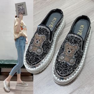 geyunya Brand Fashion Beautiful Slippers Shiny Pearl Bear Inlay Flat Mules Sandals For Women (Size 34-41)