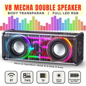 Speaker Bluetooth Full Bass Mecha Fleco V8 Double Bass Full LED RGB Transparan Super Bass | BISA COD