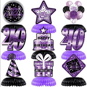 40th Birthday Decorations 9 Pcs Birthday Centerpiece Table Decoration Happy Birthday Honeycomb Centerpieces Purple and Silver Party Honeycomb Decorations Birthday Table Toppers for Girls Kids Men Women Party Supplies