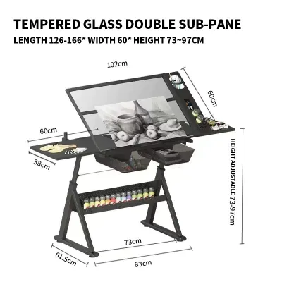 SAINTVILLA Drawing Glass Table Lift Drawing Desk with Extra Side Table Drawers and Leather Ottoman Adjustable Height Art Craft Drafting Table