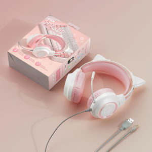 VAORLO Original Wired Headphones Colorful Ambient Light Cute Cat Gift Headset With Microphone 360°Stereo Surround Music Gaming Headsets Control lights Earphone