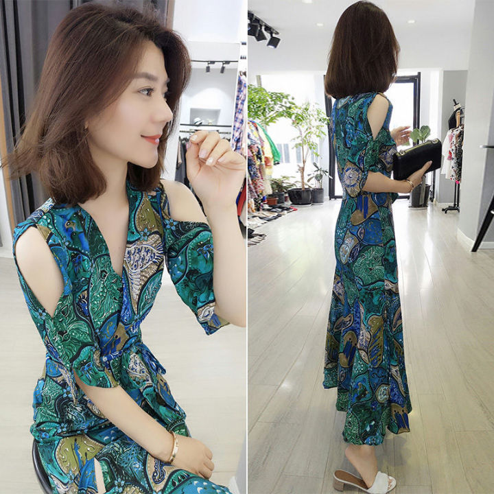 Fashion Women Short Sleeve Floral Boho Print Long Dress Off Shoulder V ...