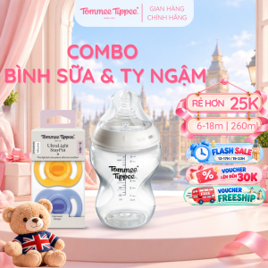 COMBO Ty Ngậm Silicon Siêu Nhẹ Tommee Tippee Ultra Light & Bình Sữa Ty Siêu Mềm Tommee Tippee Nature Start 260ml