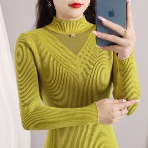 ali Áo Len Nữ Thu Đông Mẫu Mới Cổ Cao Ren Lưới Màu Trơn Ôm Dáng Chui Đầu Dệt Kim Áo Mặc Trong Phối Bên Trong Phong Cách Tây Sành Điệu