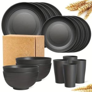 16-piece set of bowls plates cups and water cups set black wheat bowls plates cups and water cups hidangan 餐盘 —COD