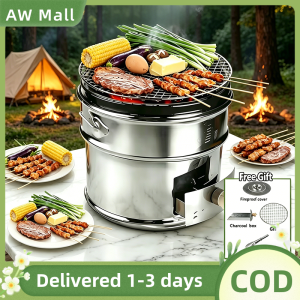 Stainless Steel Charcoal Stove with Grilling Rack Charcoal Clips Suppressor Cap Multi-Functional Home Camping Wild Cooking Stove Heating Tea Brewing Fireplace Stove Platform