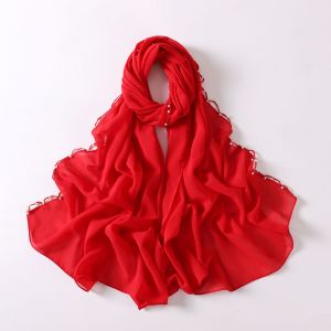 Jifang Chất lượng cao gợn sóng gợn sóng ngọc trai beading cạnh đồng bằng Chiffon cát Khăn choàng Pashmina khăn choàng đầu kết thúc tốt đẹp Khăn trùm đầu hijab hồi giáo khăn choàng wc63