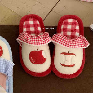 WY-Xixitiao Giày lông thú trong nhà mùa thu đông kẻ sọc vuông màu Táo đỏ dễ thương phong cách dễ thương phong cách đơn giản Dép cotton ấm áp cho nữ