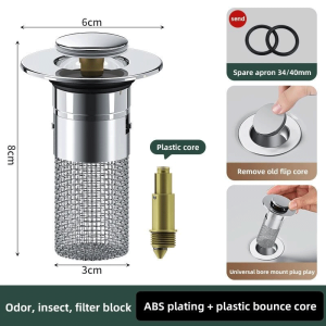 3PCS Bathroom Kitchen Sink Plug Stopper Drain Strainer Stainless Steel Pop-Up Wash Basin Leak Plug Anti-Odor Bouncing Core Sink Filter