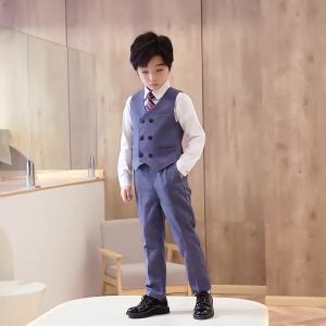 Bộ vest bé trai cao cấp kẻ vải dạ mịn cho bé đi tiệc TQB164 gồm 3 chi tiết (áo ghile + áo vest + quần tây) tặng cavat
