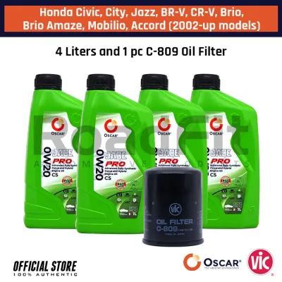 Honda Civic City Jazz BR-V CR-V Brio / Amaze Mobilio Accord 2002-up Change Oil Package OSCAR Jade Pro SAE 0W20 Fully Synthetic (4 Liters) 02166 + VIC Oil Filter C-809 PACK2-HO
