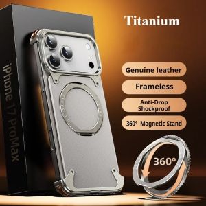 Eary for iPhone 17 Pro Max Air Phone Case Genuine Leather for Magsafe Frameless Shell 360 ° Rotate Magnetic Stand Anti-Drop Cover2026