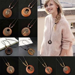 VIVIDI Wooden Sweater Chain Retro Ethnic Round Clothing Pendant Gifts Neck Accessories Women Girls