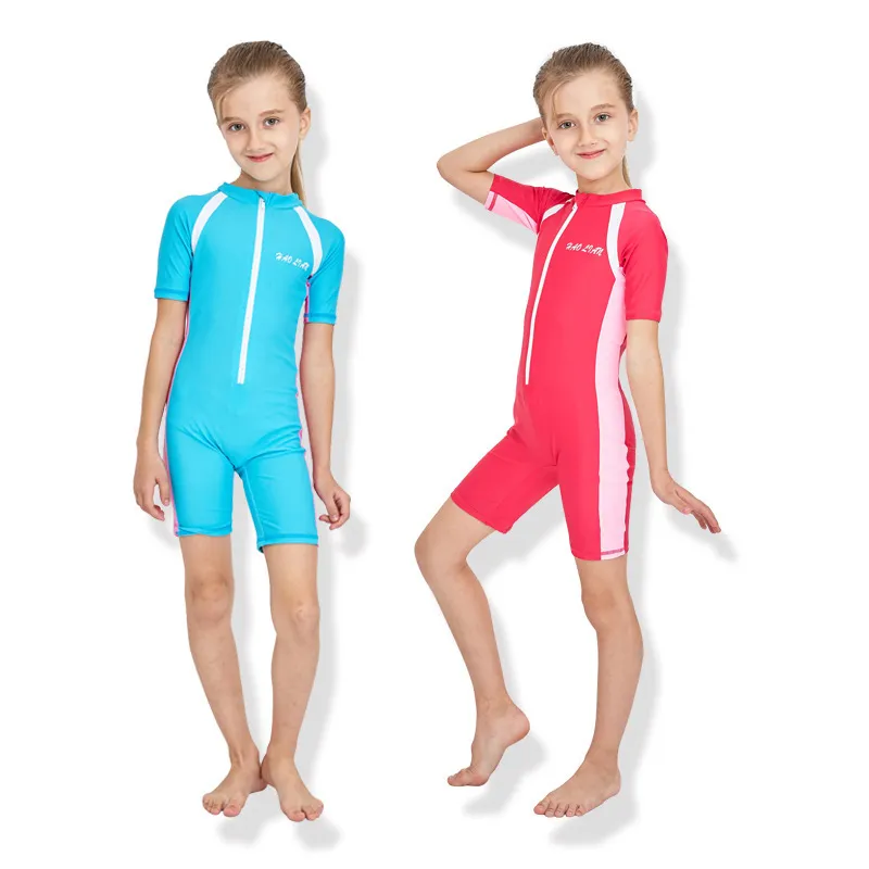 Front Zipper One Piece Swimsuit Short Sleeve Bathing Suit Girls Children  Swimwear Boys Swimming Suit For Kids Baby Rashguard New