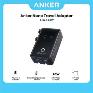 Anker Nano Travel Adapter 5-Port Power Adapter with 1 AC 2 USB-A and 2 USB-C Ports Smart Temperature Control Ideal for Travel