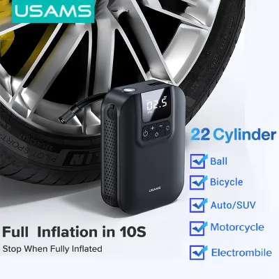 USAMS Mini Car Air Pump 22 Cylinder Wireless Fast Inflatable Pump 5000mAh Capacity Portable Digital Display Electric Air Pump For Car/Motorcycle/Bicycle Tires / Ball Inflator