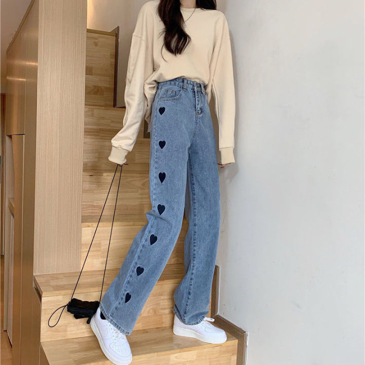 TOFASHIONS seluar jeans perempuan Women Jeans Love printed High-waisted  Denim Long Pants Female Wide Legs New Korean Style Loose Straight-leg Jeans  Fashion Pants seluar perempuan