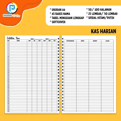 (NON CUSTOM) Buku Kas Catatan Keuangan HARIAN MINGGUAN BULANAN A5/B5/A4 Jilid Spiral Tabel BW