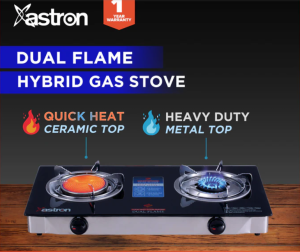 Astron DUAL FLAME Ceramic and Metal Double Burner Gas Stove with Tempered Glass Top infrared burner