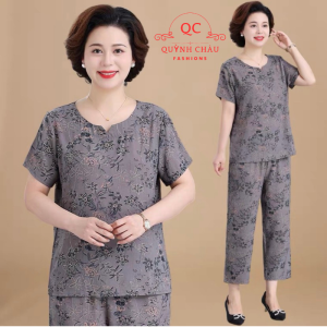 Đồ bộ trung niên cho mẹ mặc nhà vải Lụa Pháp trung niên nữ họa tiết quần dài ống nhỏ cao cấp. VD02