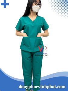Bộ Scrubs Phẫu Thuật Đồng Phục Bác SĩPhòng Mổ Y Tá Vải Cotton Hàn Màu Xanh Lý- Hình thật