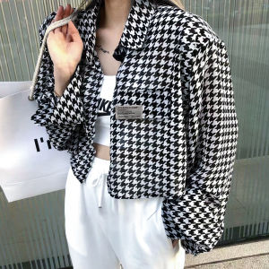 Kemeja Houndstooth Wanita Lengan Panjang Tabir Surya Longgar Atasan Korea Retro Kasual Jaket Ringan Pinggang Tinggi Pendek