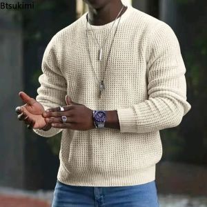 New 2026 Mens Waffle Knitted Sweaters Solid Loose Casual O-neck Pullover Tops Spring Autumn Long Sleeve Sweatshirt Male Sweater2026