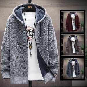 Autumn Winter Mens Sweaters Hooded Knit Cardigan Korean Sweaters Jacket Fleece Lined Hoodies Windbreaker Coat