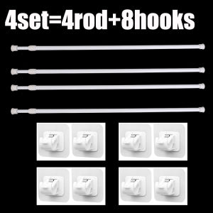 4Set Adjustable Punch-free Telescopic Rod with Hook Multifunction Extendable Shower Curtain Rod Drying Rack Wall Adhesive Chest Closet Hanging Rod Bathroom Bedroom Kitchen Closet Wardrobes Support Rod