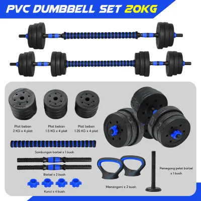 Dumbbell Set 20KG Blue Peralatan Fitness Gym Barbel Set Dumbel Berat Bisa Diatur Angkat Beban