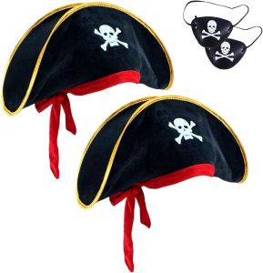 Fokes 2 Pieces Pirate Hat Skull Print Pirate Captain Costume Cap - Pirate Accessories Funny Party Hat Caribbean Fancy Dress