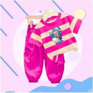 Baju Labubu anak perempuan 1-5 tahun Setelan celana cargo kaos salur besar katun lengan pendek