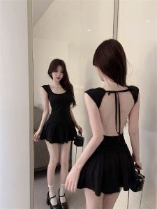 MOMECHER ฝรั่งเศสหวานและเผ็ดหลังผูกชุดสีดําน้อยชุดกระโปรงเอว A-line