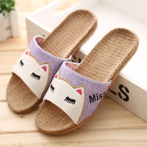 Free Shipping Cartoon-Style Home Slippers For Couples Featuring A One-Sole Design With An Owl Motif Made Of Linen And EVA Material Suitable For Summer Wear