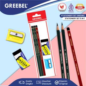 GREEBEL Stationery Set 5 in 1/Pensil 2B (2 pcs) + Penghapus + Eraser + Rautan/Serutan