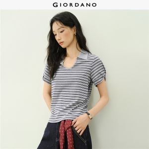 Giordano Women Striped u-neck collar short sleeve polo shirt Free Shipping 18316102