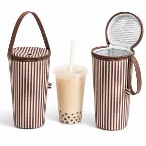 OKDEALS Striped Pattern Bubble Tea Cup Sleeve Carry Handle Cloth Beverage Cup Bag Portable Portable Structure Drink Cup Carrier Office Use