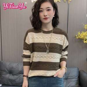 Yitiaoyuu Striped Sweater Womens Thin Long-sleeved Sweater Bottoming Shirt Hollow Top