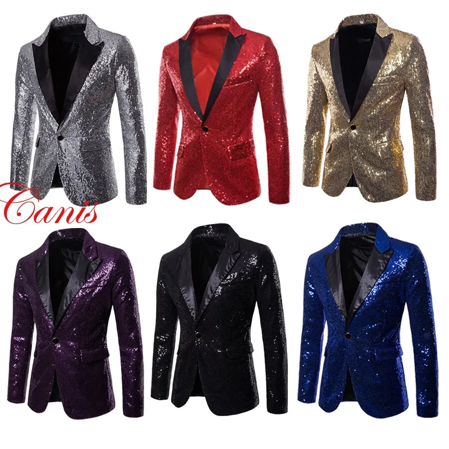 Men Slim Fit Formal Suit Sequin Blazer Coat Shining Jacket One