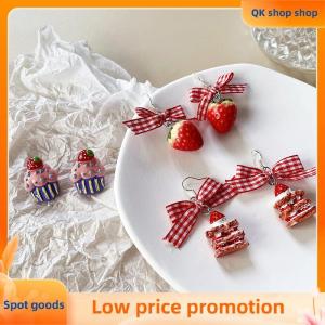 ✨QK shop✨ Ins Sweet Bow Ribbon Acrylic Strawberry Cake Pendant Earrings Quality Drop Earrings For Girls Women Gift Lovely Jewelry