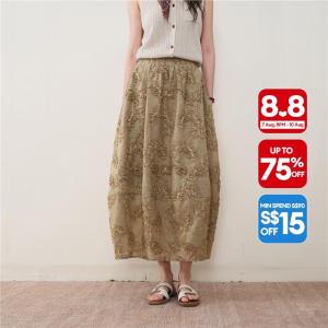 Giordano Women Vintage 3d appliques elastic waist maxi skirt Free Shipping 18466810