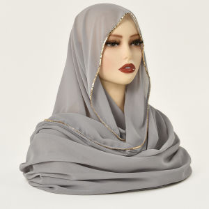 Jifang Fashion Golden Chain Brim Plain Bubble Chiffon Shawl Pashmina Head Scarf Wraps Raya Muslim Hijabs Shawls YW106