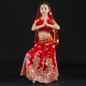 New Children Clothing Indian Style Belly Dance Belt Veil Headdress Girls Performance Dress China Xinjiang Dance Skirt Suit