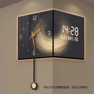 Sacesr Modern Living Room Decoration Double-sided Corner LED Lamp Wall Clock Home Decor Abstract Perpetual Calendar Electronic Clock 6B2Z9