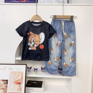 Two Piece Set Childrens Short Sleeve Set Cartoon Jerry T-shirt Pants Boys and Girls Middle and Kids